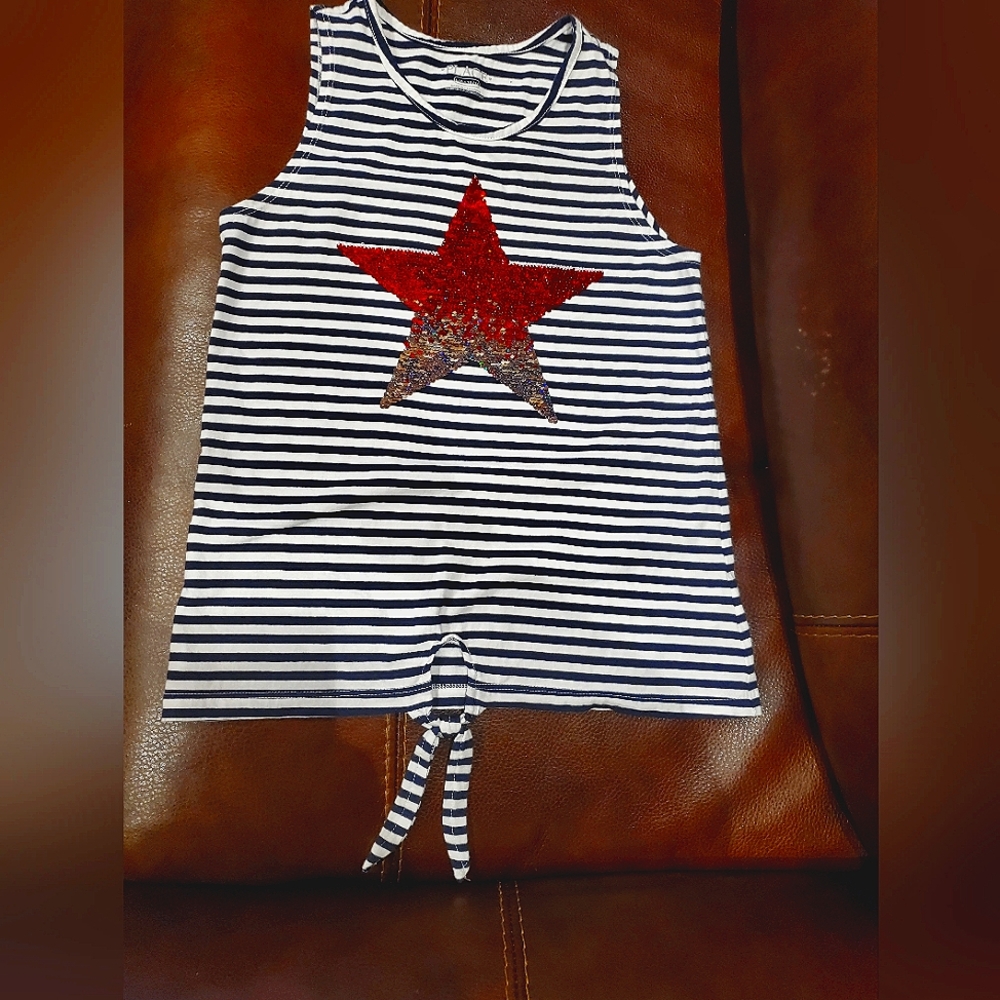 Girls L (10_12) Fourth of July Navy and White Striped Shirt Sequin Star